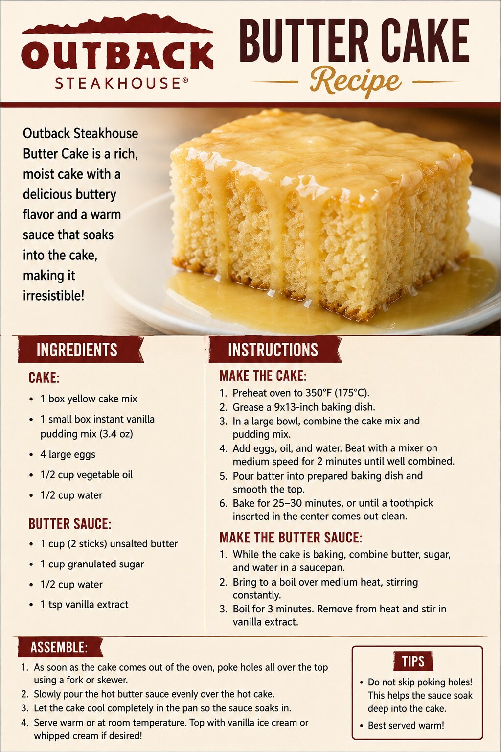 Outback Steakhouse Butter Cake Recipe: Warm Vanilla Butter Cake